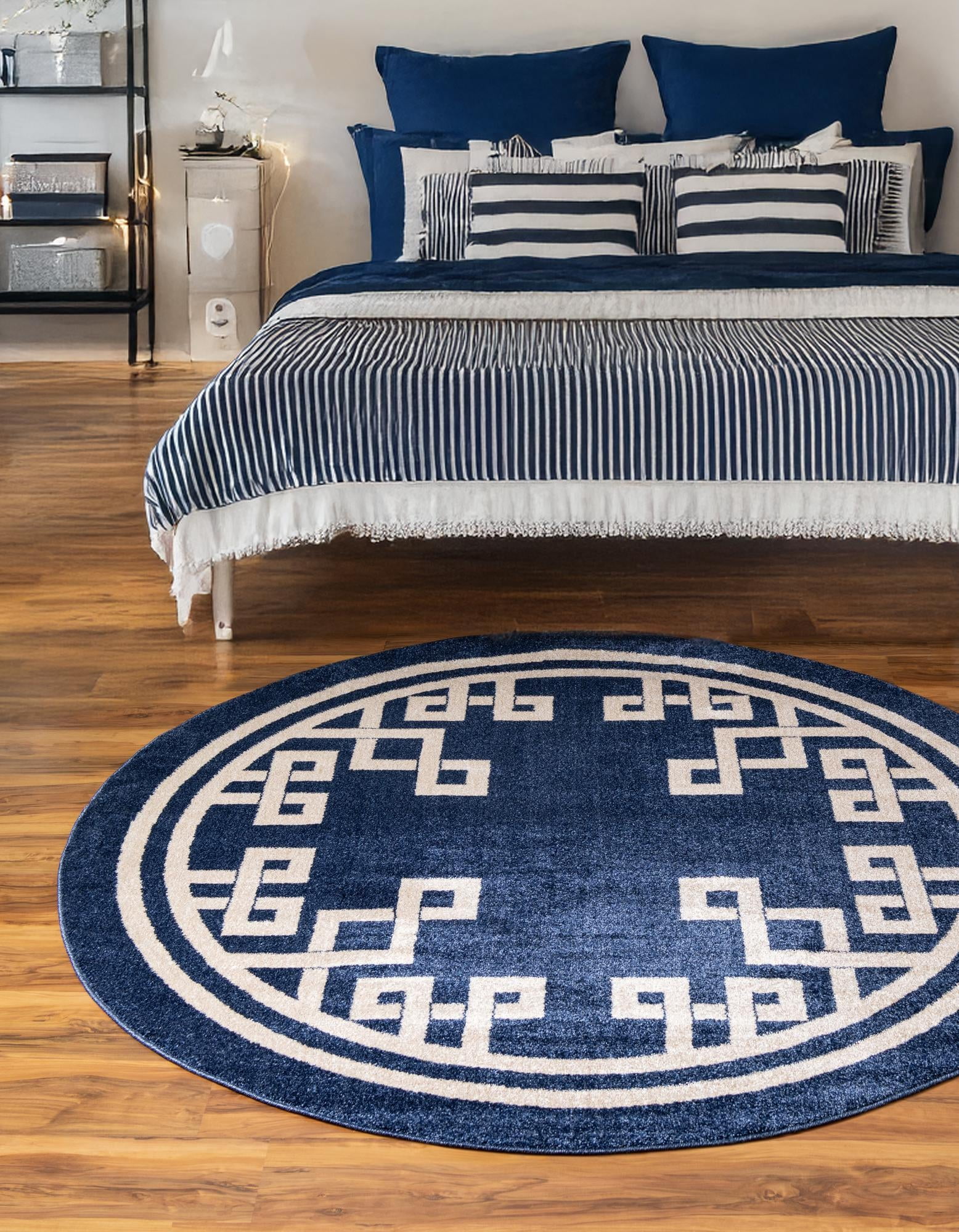 Unique Loom Athens Collection Area Rug - Geometric (6' 1" Round Dark Blue/Beige)