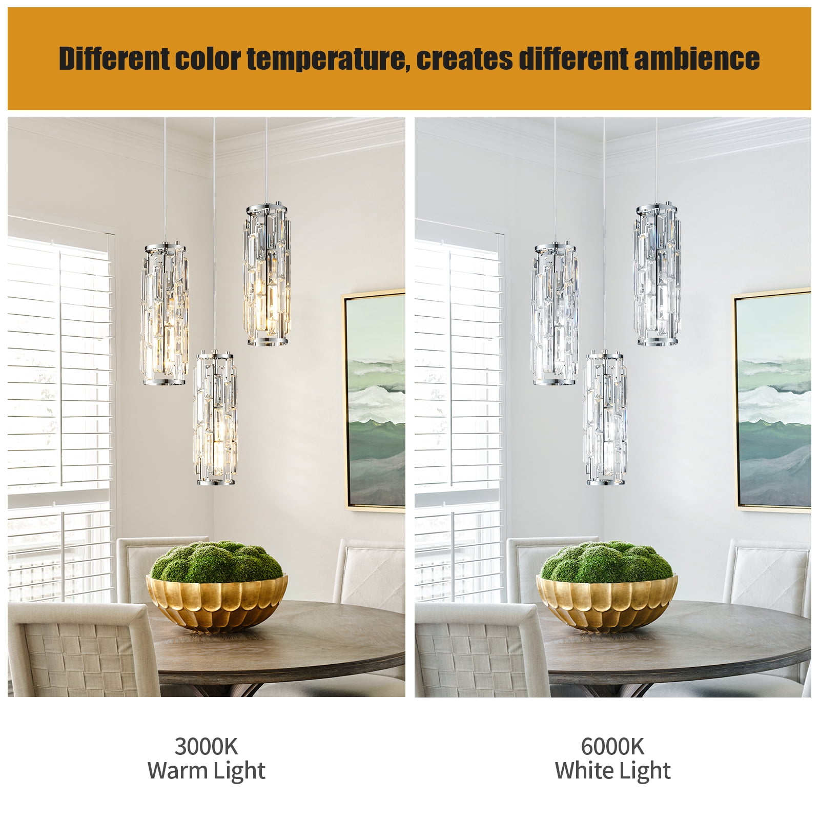 Mini Crystal Chandeliers Adjustable Pendant Light Modern Chrome Pendant Light Fixture for Living Room, Dinning Room, Kitchen Island and Bedroom(3-light)