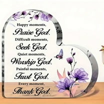 Acrylic Heart-Shaped Christian Bible Scripture Decoration With Purple Floral Design & Inspirational Quotes - Indoor/Outdoor Home Office Desk Decor, Women'S Christian Gift