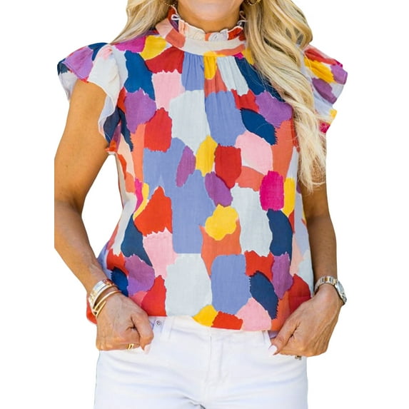 Asyoly Womens Tops Summer Boho Floral Print Funnel Neck Sleeveless Shirts Ruffle Stand Collar Loose Blouses