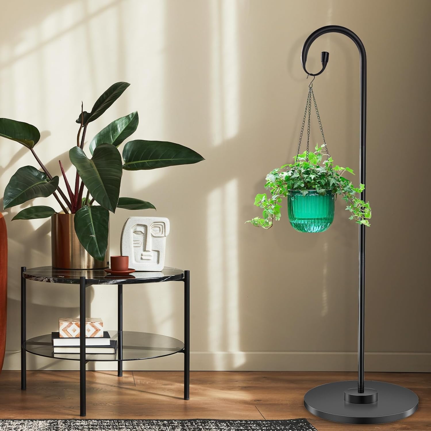 34-63" Adjustable Shepherd Hook Stand with Round Base Stand for Bird Feeders, Lanterns, Wind Chimes, Indoor and Outdoor Use on Patio, Yard or Porch