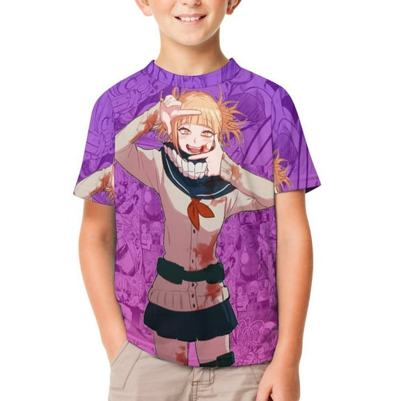 My Hero Academia Himiko Toga Kids Short Sleeve Tee Shirt Novelty Crewneck T-Shirts Unisex Summer Blouse Tops for Boys Girls 100CM