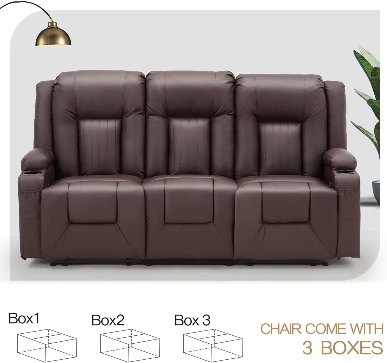 YODOLLA Manual Reclining Sofa with Side Pockets& Cup Holders, PU Leather Home Theater Seating, 3 Seat Recliner Chair in Brown
