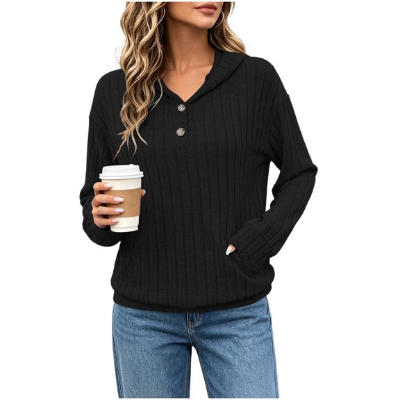 LEAVINGSUO Fall Tops for Women 2026 Casual Long Sleeve Button Thin Version With Pockets Hooded Collar Coat Black S