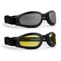 2 Pairs Epoch Folding Motorcycle Goggles Black Frame Yellow and Smoke Lenses