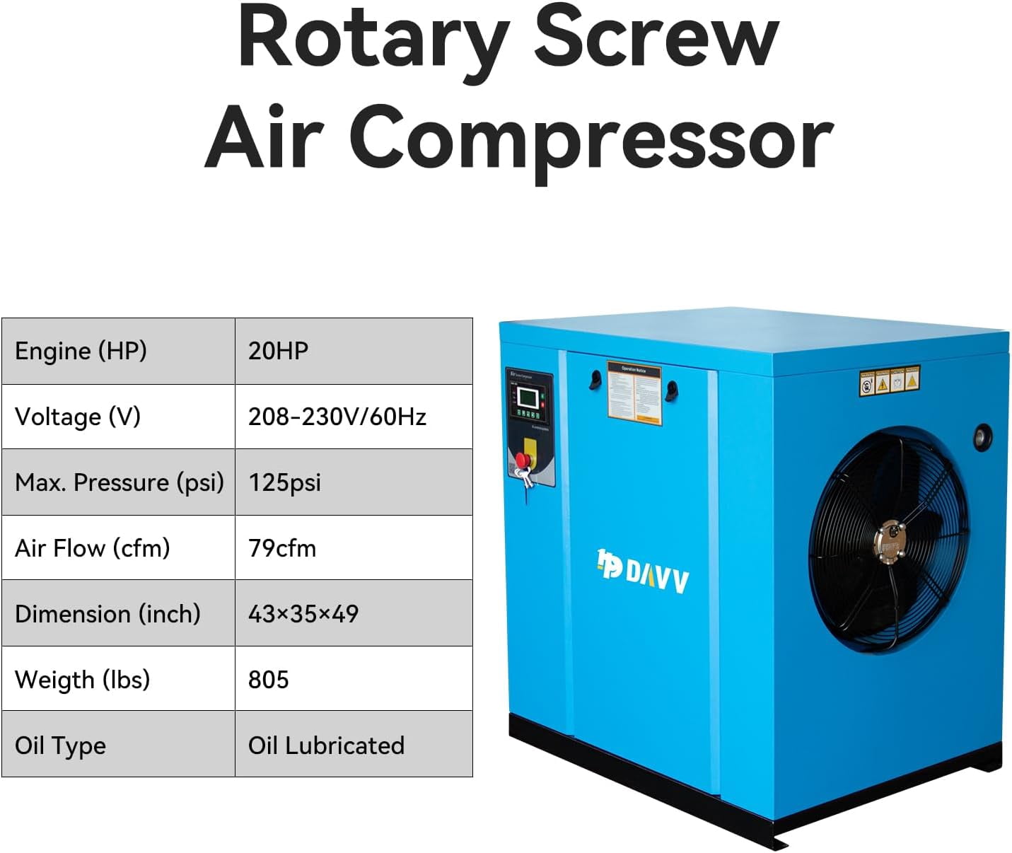 HPDMC 20HP 15KW Industrial Rotary Screw Air Compressor, 81 CFM @ 125 PSI, 230V 3-Phase Stationary Compressed Air System with Intelligent Microprocessor Control