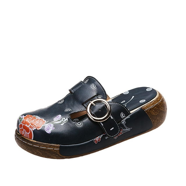Chaussons pour Femmes Grande Taille Fleur Ajourée à Enfiler Bout Fermé Plateforme Compensée Style Ethnique Rétro Boho Vintage Imprimé Patchwork Tresses Imitation Sabots Chaussures Marine