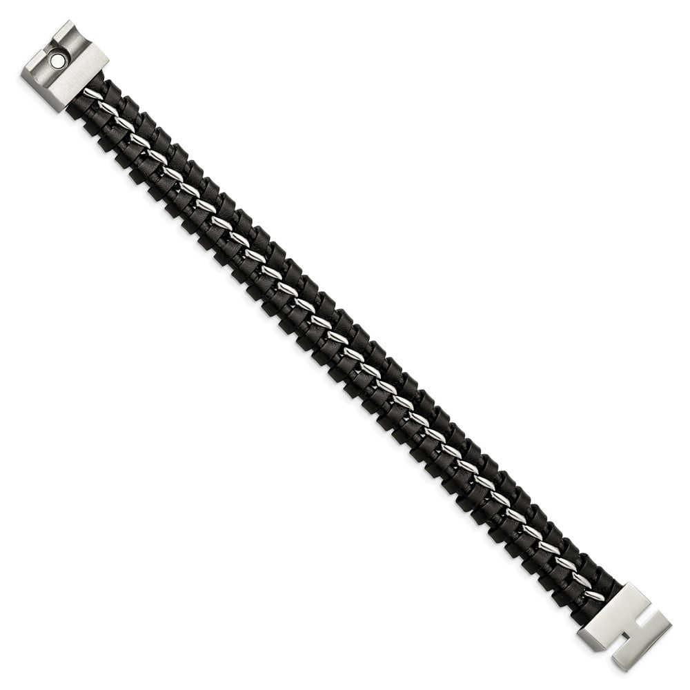 Diamond2Deal Stainless Steel Brushed and Polished Black Leather Bracelet for Men 9"