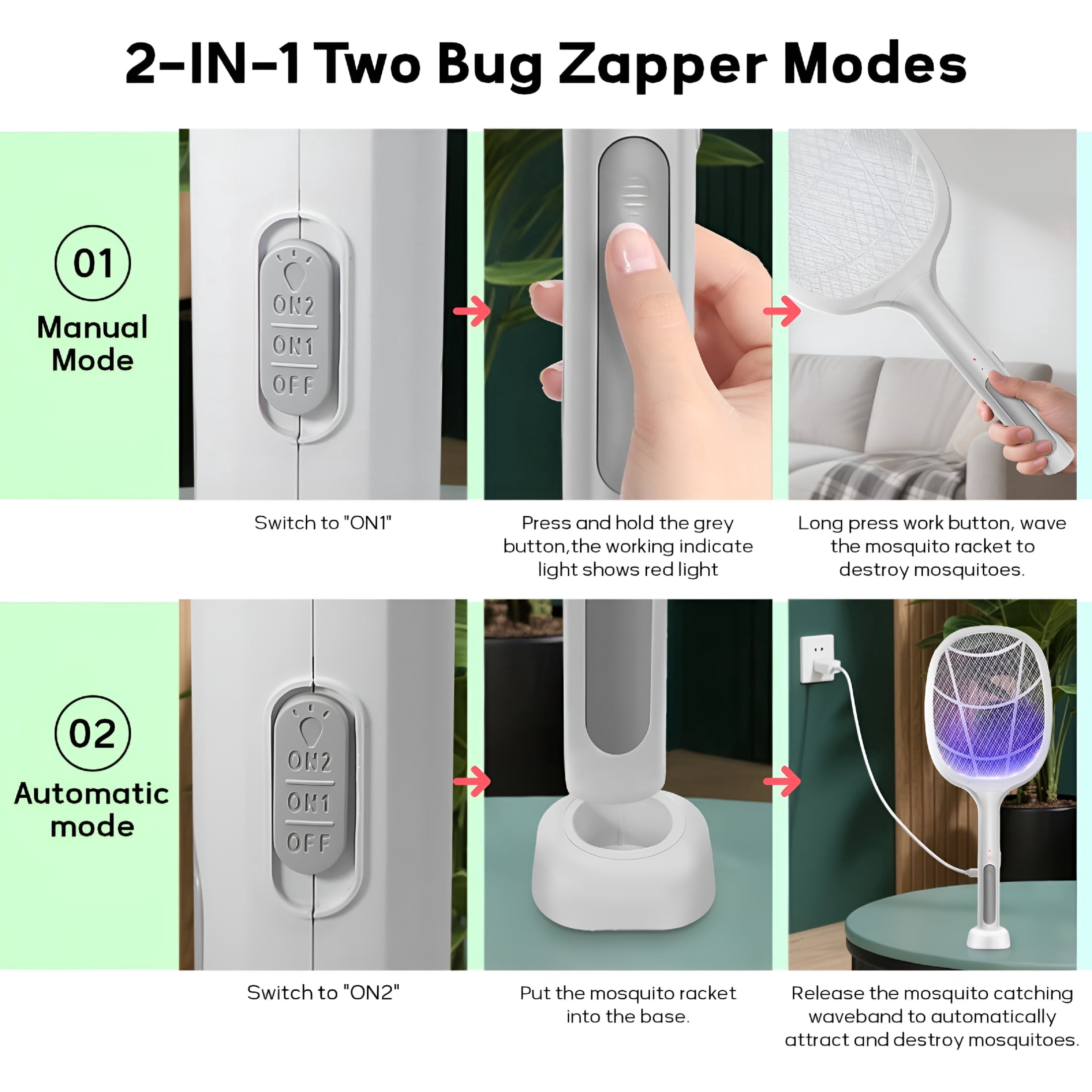 HIBIBUD 2026 New Electric Fly Swatter Racket 2 Pack,2 in 1 Bug Zapper with Usb Rechargeable Base,4000 Volt Mosquito Killer with 3-Layer Safety Mesh for Pest Insect Control for Indoor,Backyard,Camping