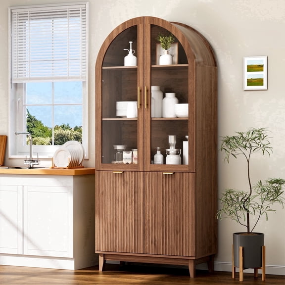 PamapicLife 71" Tall Walnut Arched Cabinet, Fluted Kitchen Pantry With Glass Doors, Adjustable Shelves