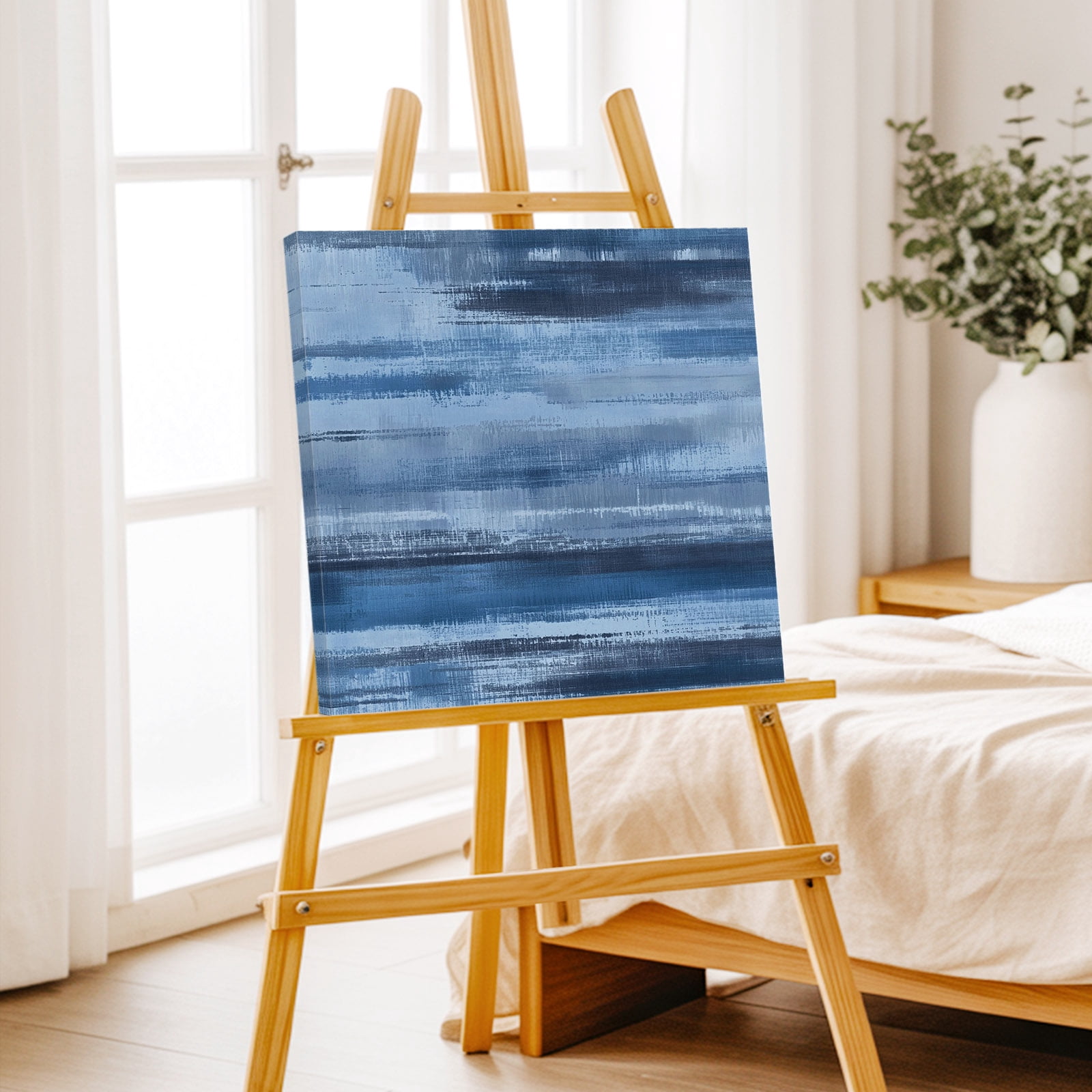 Navy Blue Paint Canvas Wall Art for Living Room, Watercolor Abstract Blue Stripes Poster Print Painting for Bedroom Office Home Decoration Wall Pictures Prepare To Hang 16"x16"