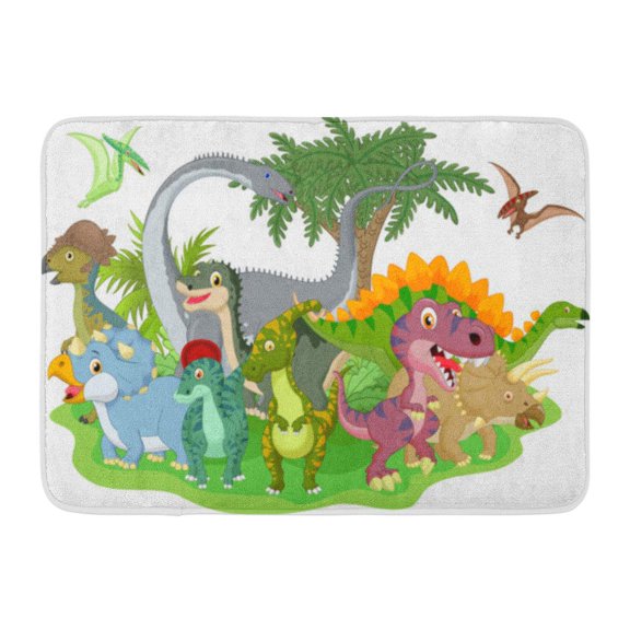 GODPOK Jurassic Colorful Dino Cartoon Group of Dinosaur Green Animal Funny Rug Doormat Bath Mat 23.6x15.7 inch