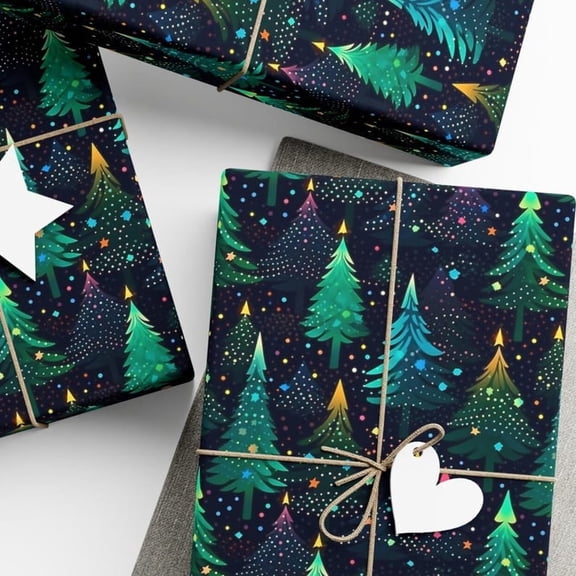 Christmas Wrapping Paper, Colorful Christmas Tree Gift Wrap, Christmas Trees & Lights Appear Lit Up, Wrapping Paper Rolls, Gift Wrap for Christmas Birthday 58x23in