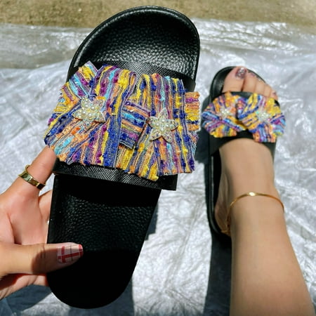 

sebulube Ladies Flat Color Flower Beach Slippers Beach Slippers Fashion Slippers Flat Summer Casual Fashion S