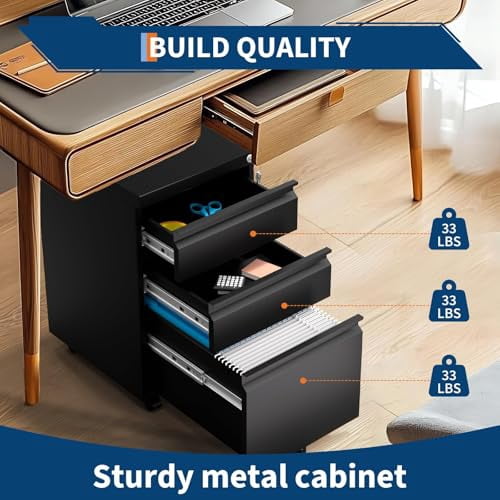 3-Drawer Mobile File Cabinet with Lock, Metal Filing Cabinet on Wheels, Fits Letter/Legal/A4 Files, Space-Saving Under Desk Office Storage Organizer for Home Office, Easy Assembly, Black