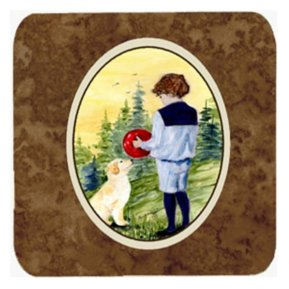 Little Boy With His Golden Retriever Foam Coasters, Set Of 4