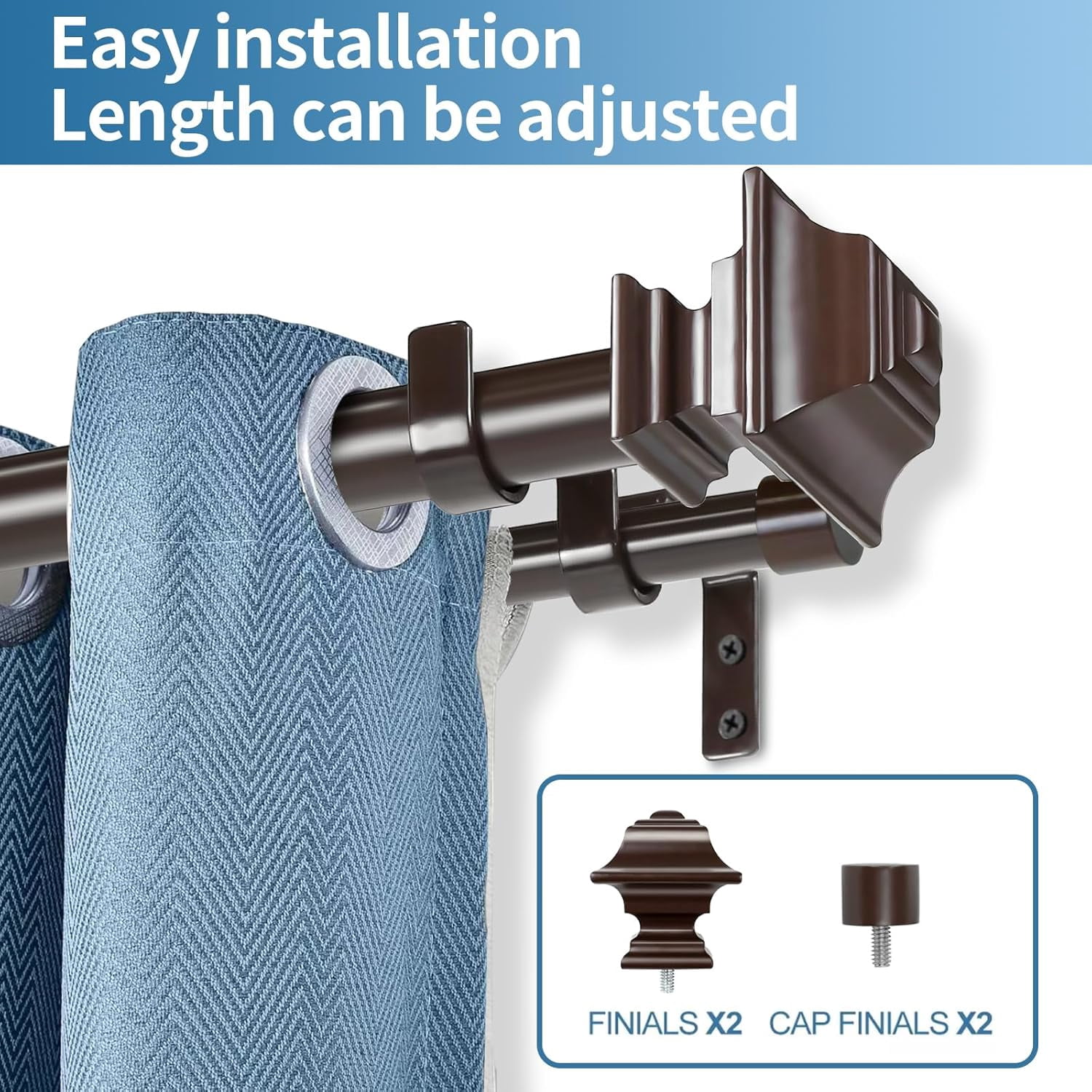 Urbanest Adjustable Double Curtain Rod Set Pila Manhattan Finials – 1″ Front & 3/4″ Back Rod With Bronze Rod, 48–84 Inches