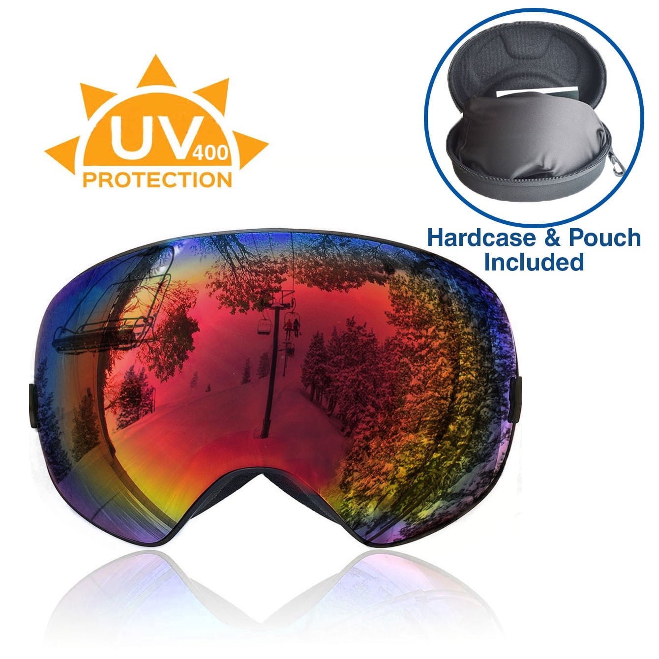 Xspec UV400 Snowboard Ski Snow Goggles w Detachable Mirror Lens & Case, Red Anti Fog by Xspec