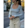 thumbnail image 2 of SEARIPE Women Slim Ribbed Knit Scoop Neck Crop Tee Long Sleeve Solid Crop Tops Sexy Fitted Cozy Gray M, 2 of 7