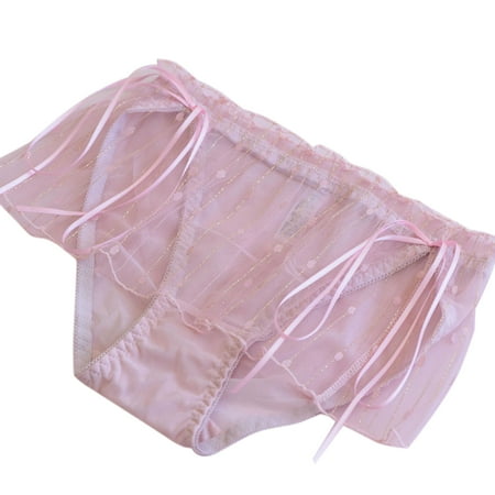Osdhezcn Japanese Women Erotic Sheer Mesh Panties Low Rise Ruffles Lace Shiny Stripes Briefs Underwear Lolita Princess Ribbon Bowknot Lingerie Thong
