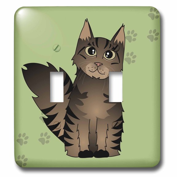 3dRose, Cute Maine Coon Cartoon Cat - Brown Tabby - Green with Pawprint, double toggle switch