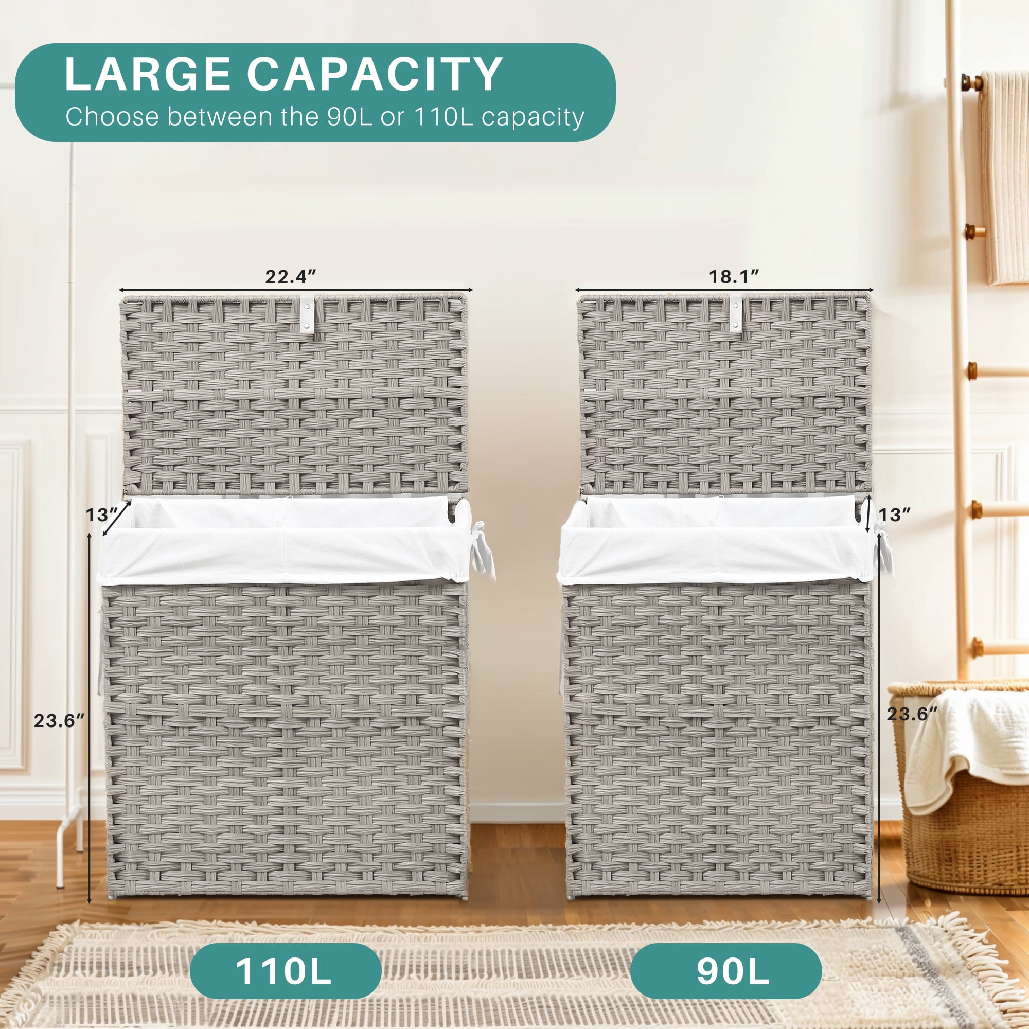 110L Foldable Laundry Hamper with Lid and Removable Liner, Wicker Basket for Bedroom & Bathroom, Gray