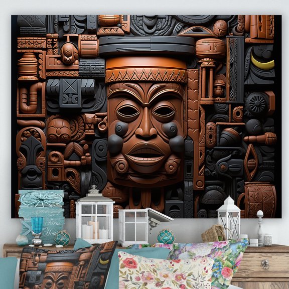 Designart "African Kuba Patterns Mask in Brown and Black" People Wall Art - Global Brown African Mask Living Room Canvas Art