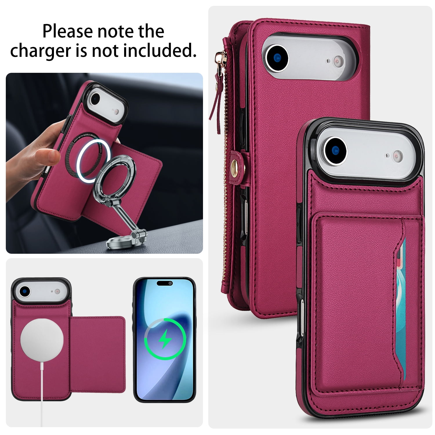Designed for iPhone 17 Air Multi-Function Wallet Phone Case,With Shoulder Strap&Wrist Strap,Cash Pocket&Card Slots,Zipper Purse,Magnetic Detachable PU Leather Flip Phone Case,Red