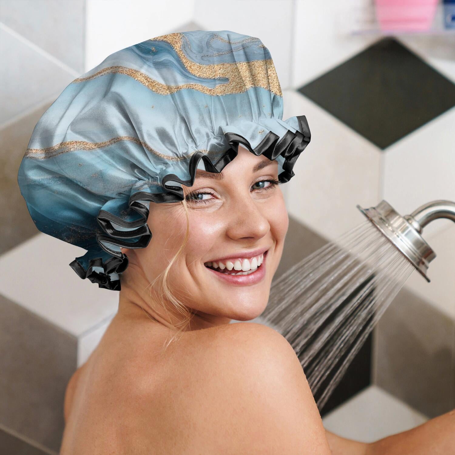 Shower Caps,Blue Marble Gold Wave Pattern Waterproof Shower Cap for Women 4 Pieces,Double Reusable Hair Cover for Shower PEVA Elastic Stretch Hem