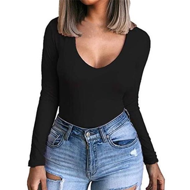 Moda mujer Color sólido básico Sexy manga larga cuello en V mono blusa Tops Fridja hj3594