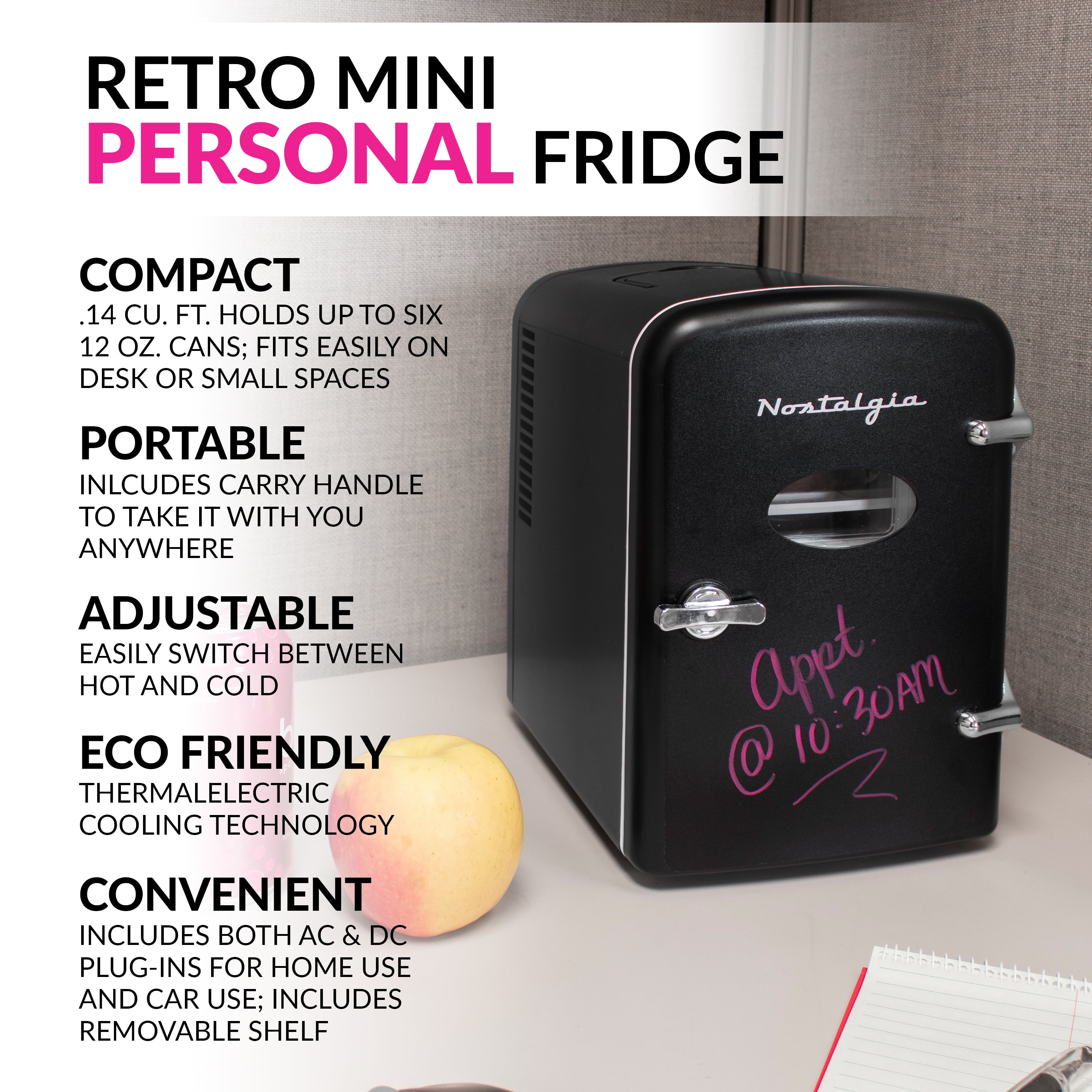 Nostalgia Retro Mini Personal Fridge, 6-Can Cooling and Heating Mini Refrigerator with Dry Erase Board