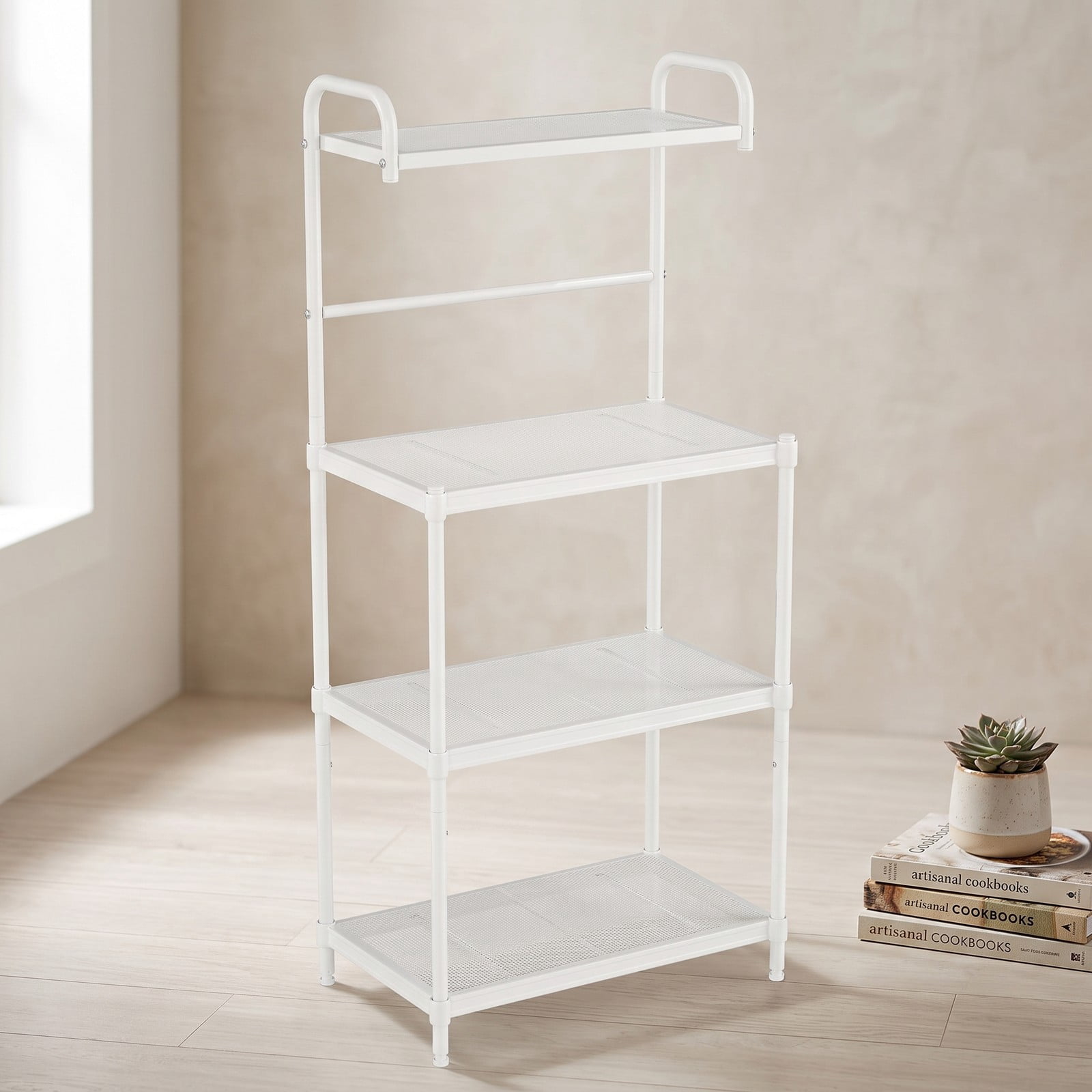 RUIE 4-Tier Kitchen Baker's Rack, Freestanding Microwave Oven Storage Shelf Organizer, Heavy-Duty Iron Utility Stand for Kitchen Pantry Living Room, White