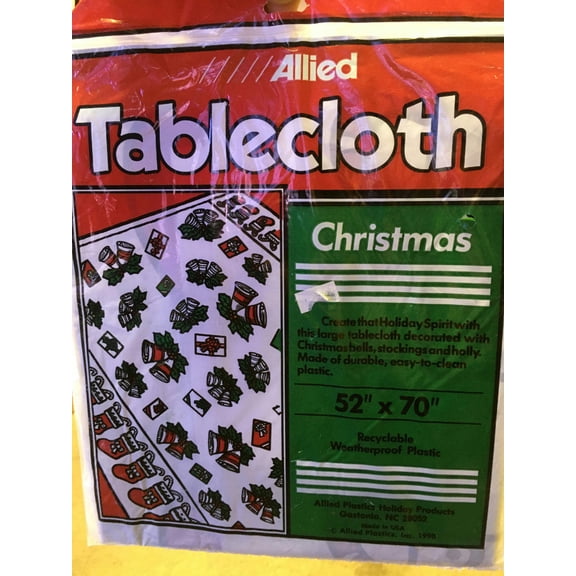 Vintage 1990 Christmas Bells Stocking Holly Festive Plastic Tablecloth Decor
