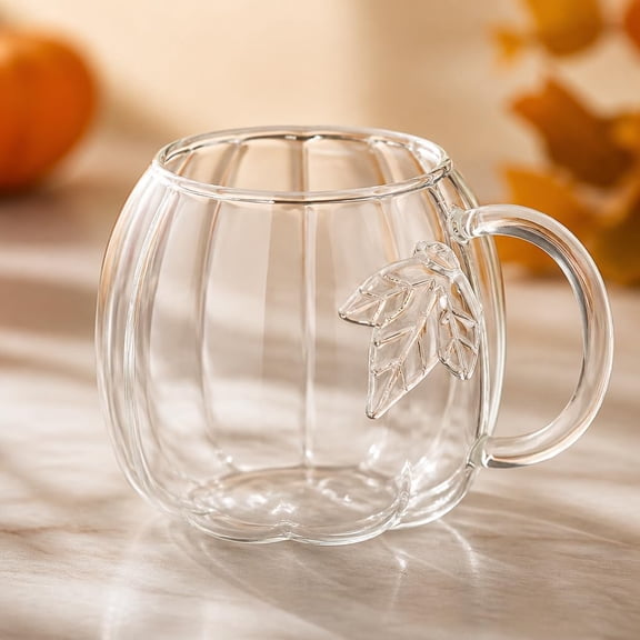 12 fl oz Pumpkin Shaped Glass Mug, Clear Pumpkin Glass Cup with Leaf Handle for Iced Coffee, Juice, Halloween Fall Decor & Holiday Gift