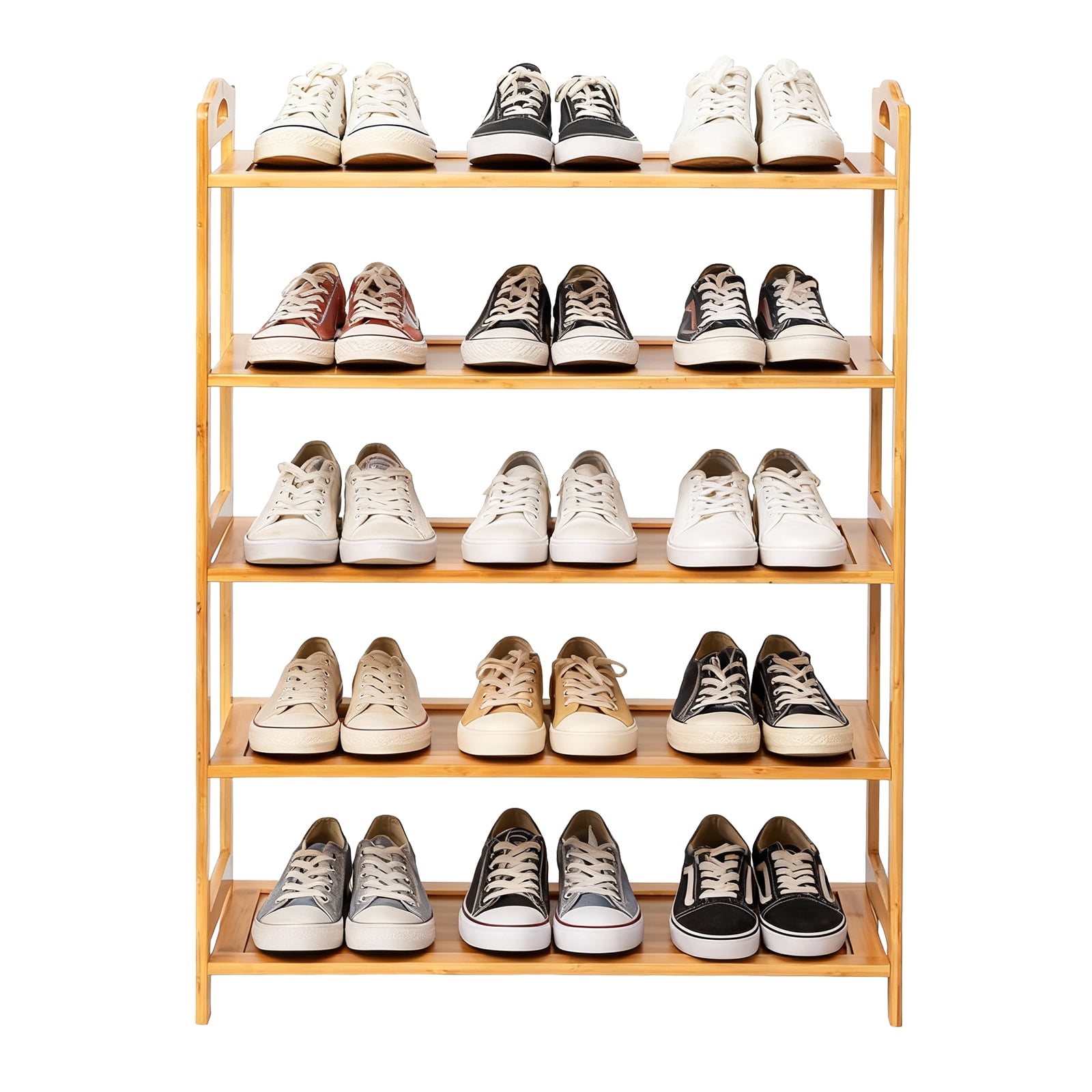 5 Tier Natural Bamboo Shoe Rack Eco Friendly 15 Pairs Capacity Slim Space Saving Open Shelf for Entryway Closet Hallway Apartment