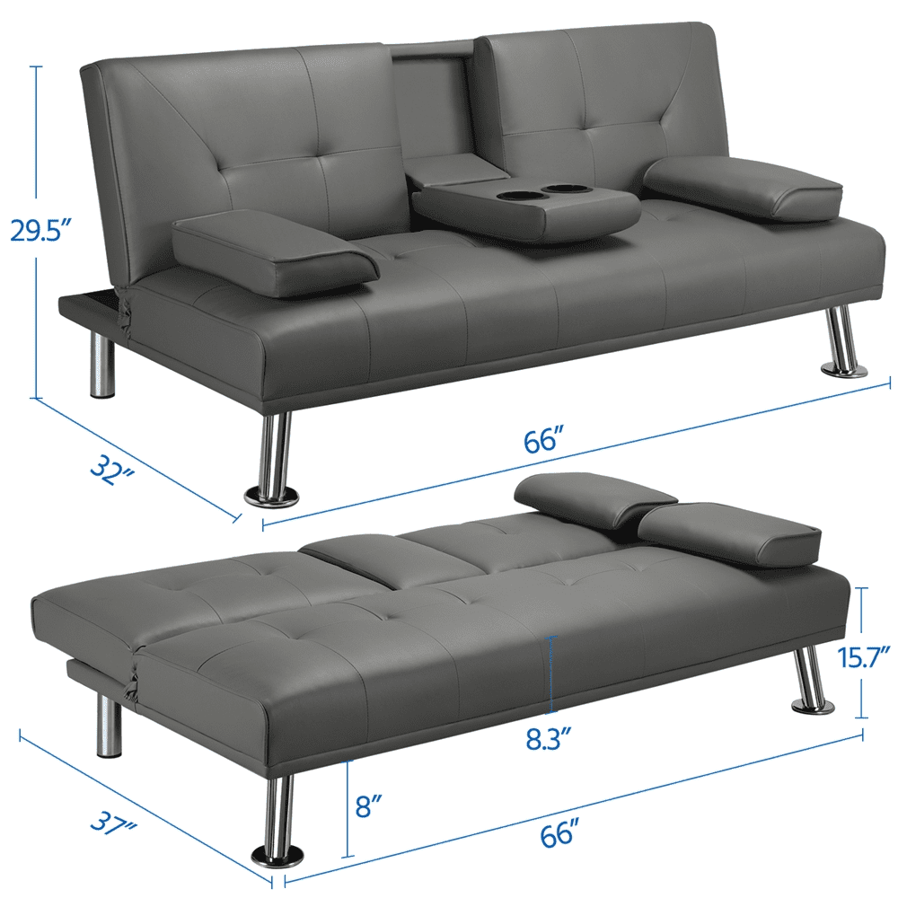 Renwick LuxuryGoods Modern Faux Leather Futon with Cupholders and Pillows, Gray