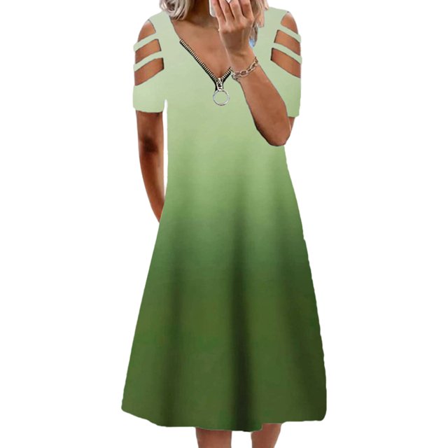 Fashnice Robe Longue Femme Col en V Été Plage Robe Midi Manches Courtes Décontractée Vacances Vert Foncé m