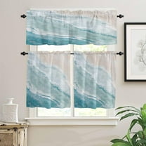 Kitchen Curtains Valances and Tier Set, 3 Pieces Rod Pocket Tiers Curtain Watercolor Blue White Wave Ripple Ocean Beach Small Window Valance Sets Treatment Drapes Coastal Landscape