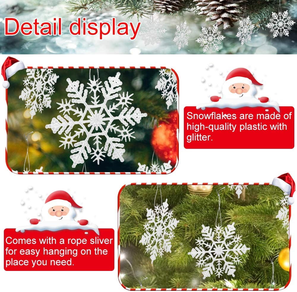 BUZIFU Christmas Snowflake,24 Piece White Glitter Snowflake,Snowflake Bauble Decorative Snowflakes with Cords,10cm Plastic Winter Snowflake Ornaments for Hotels,Ktv,Office Buildings