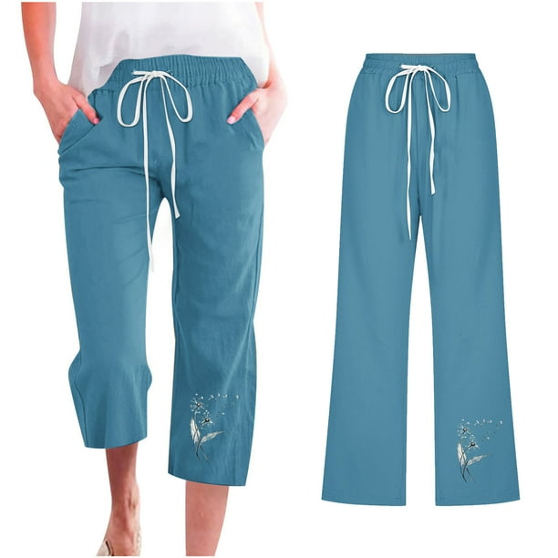 jovati Capri Pants for Women Casual 2023 Summer Drawstring Elastic High  Waist Linen Pant Straight Wide Leg Cropped Trouser : : Clothing