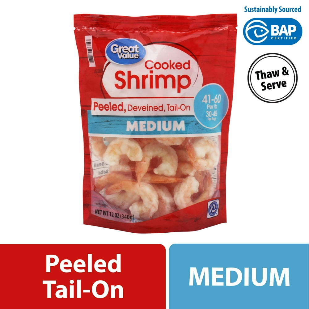 Great Value Frozen Cooked Medium Peeled & Deveined TailOn Shrimp, 12