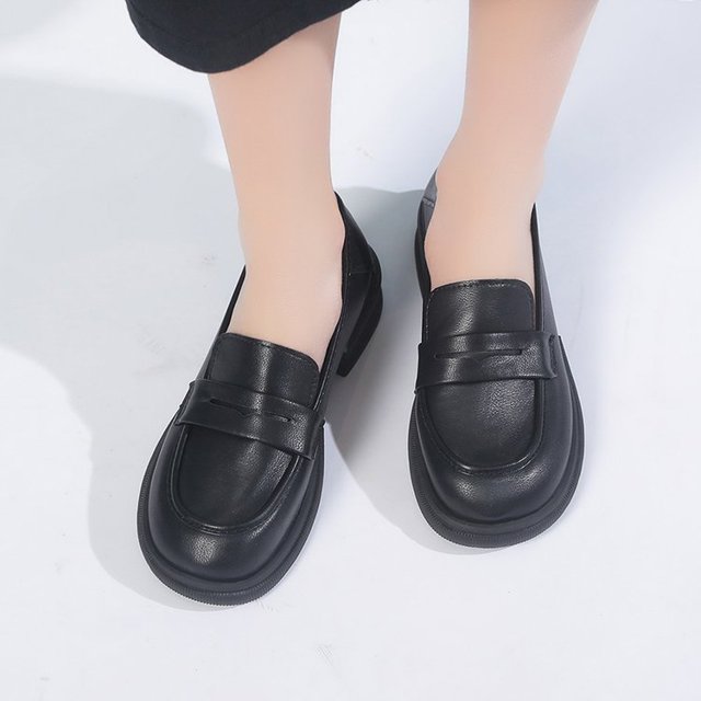 Zapatos de uniformes de estudiante de PU de Color sólido para mujer con cabeza redonda en la boca zapatos de fondo plano de fondo grueso zapatos de tacón bajo 37 Gao Jinjia LED