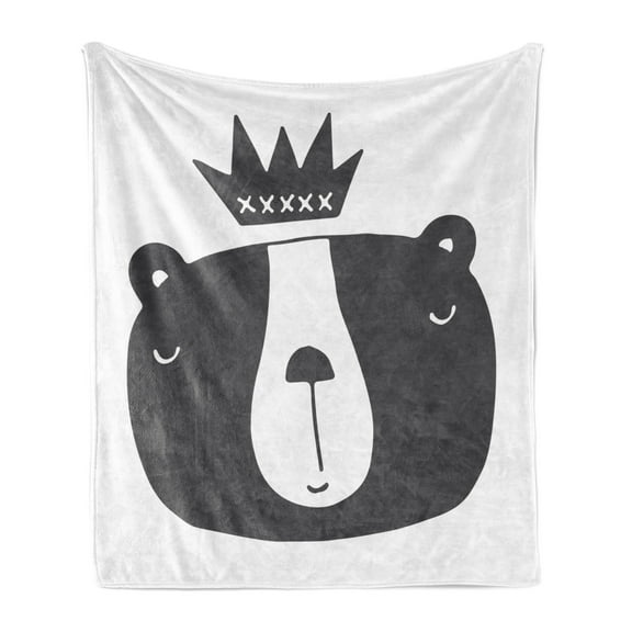 Cartoon Soft Flannel Fleece Blanket, Amusing Bear Character with a Crown Scandinavian Illustration Monochrome, Cozy Plush for Indoor and Outdoor Use, 50" x 70", Charcoal Grey White, by Ambesonne