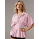 thumbnail image 4 of Blusas de verano para mujer, de manga corta, con cuello de solapa, estampado de rayas, abotonadas, con volantes plisados., 4 of 9