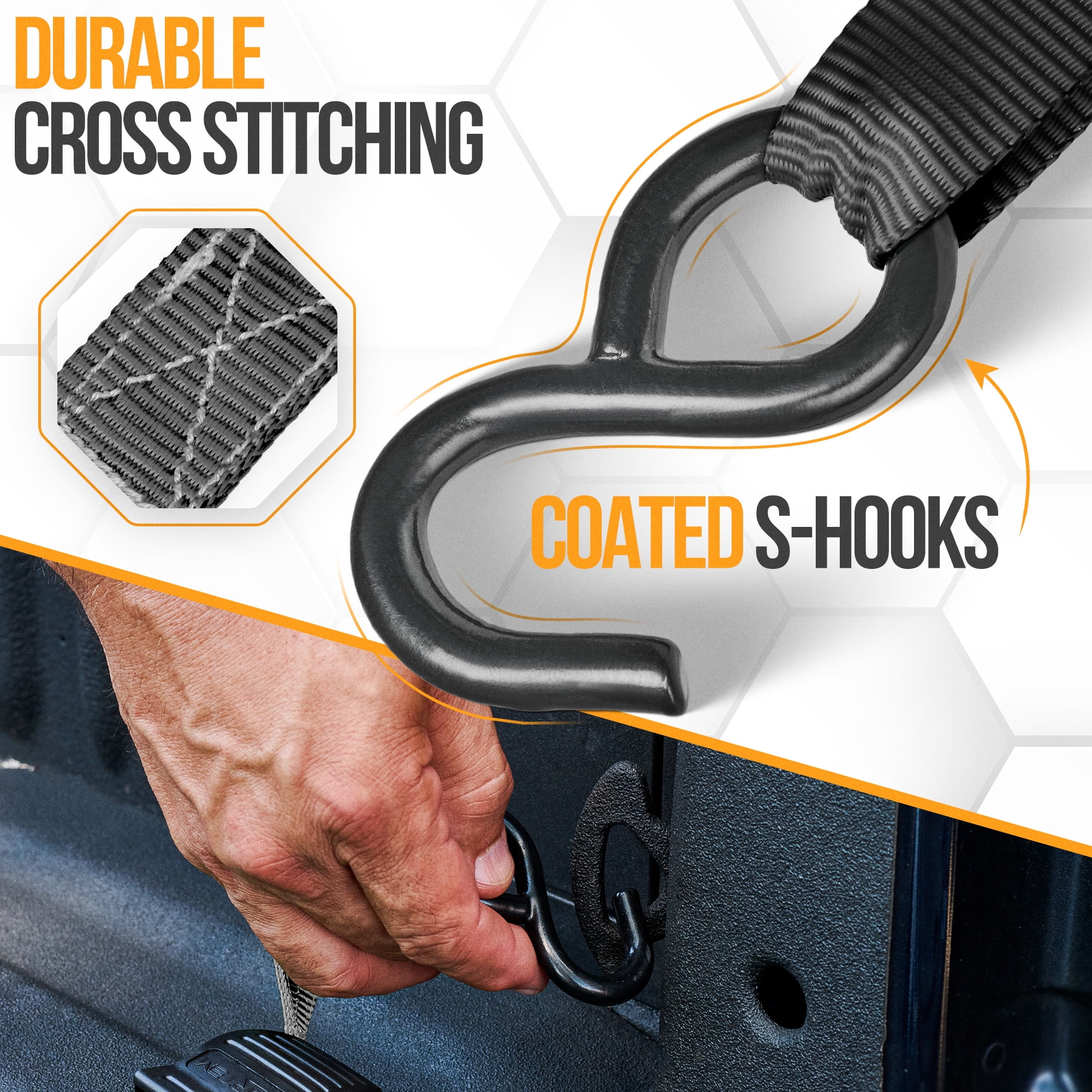 FORTEM Ratchet Straps, 1650lb Break Strength, 4 Pack 15ft x 1in Tie Down Strap Set, 4 Soft Loops, Motorcycle Straps Tie Downs, Cargo Cam Buckles for Trucks, Rubber Handles, Carry Bag