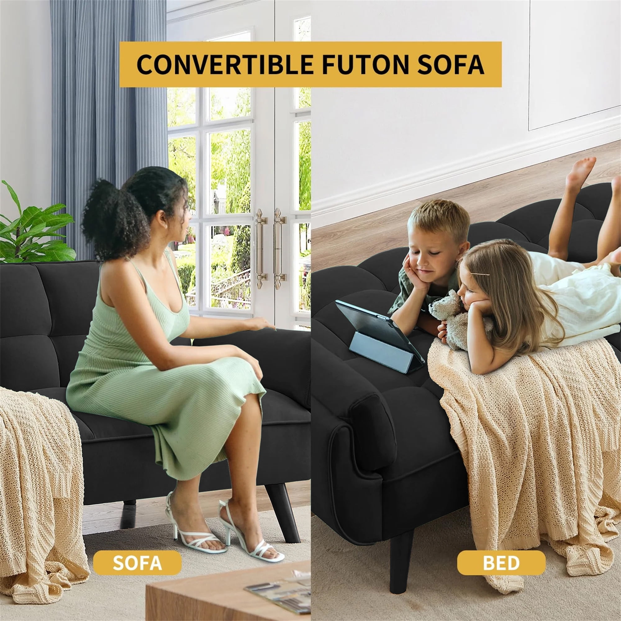 Aukfa Deep Tufted Futon Convertible Sofa Bed, Velvet Sleeper Couch for Home Office, Black