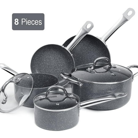 FGY 8 piece Non-Stick Frying Pan Cookware Set w/Stone-Derived Ceramic Coating, Stone Pots and Pans set, Anti-Warp Non Toxic PTFE APEO PFOA Free, Dishwasher Safe Cookware Set