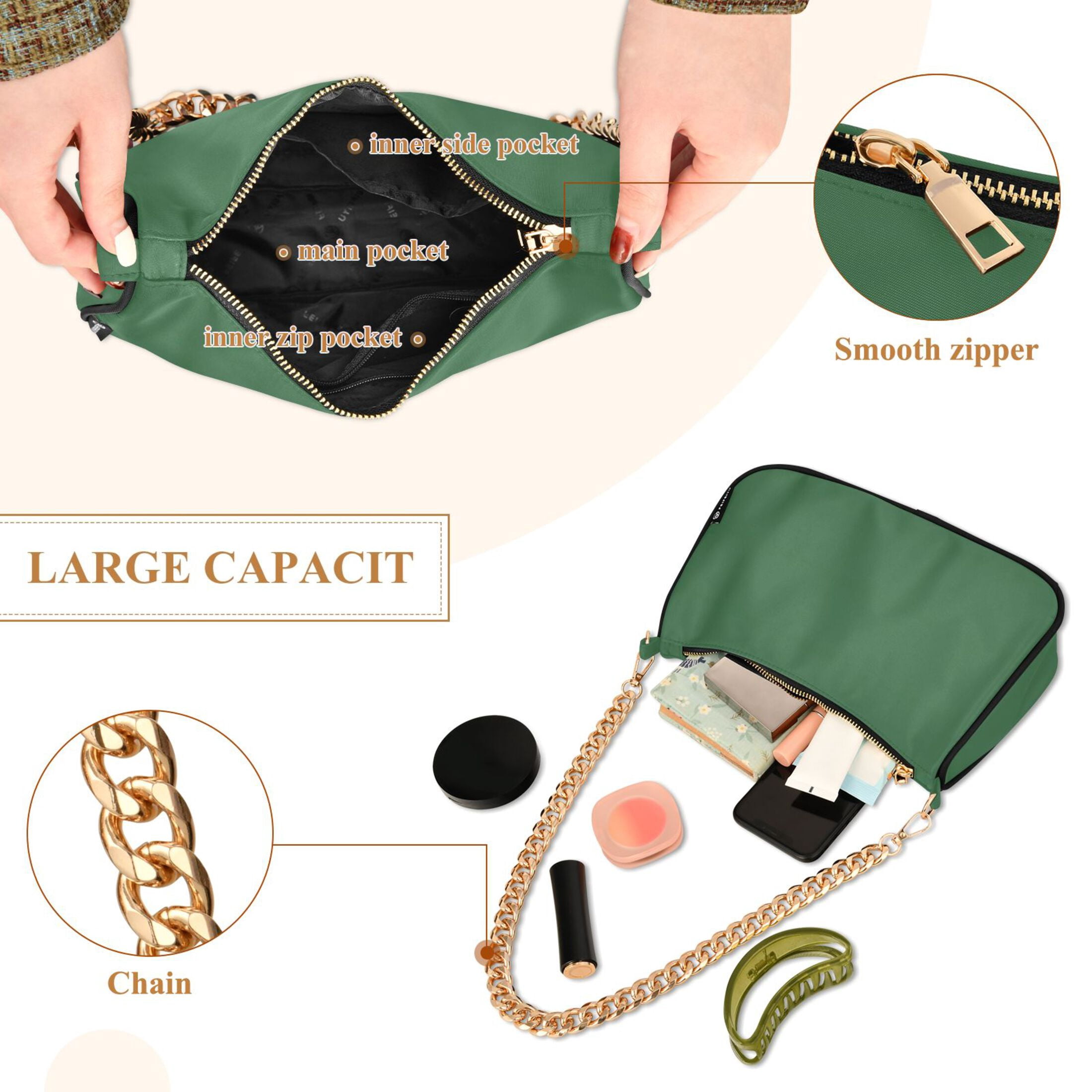 Ryvnso Army Green Womens Chain Shoulder Bag Tote Handbags Clutch Hobo Purse with Zipper for Travel