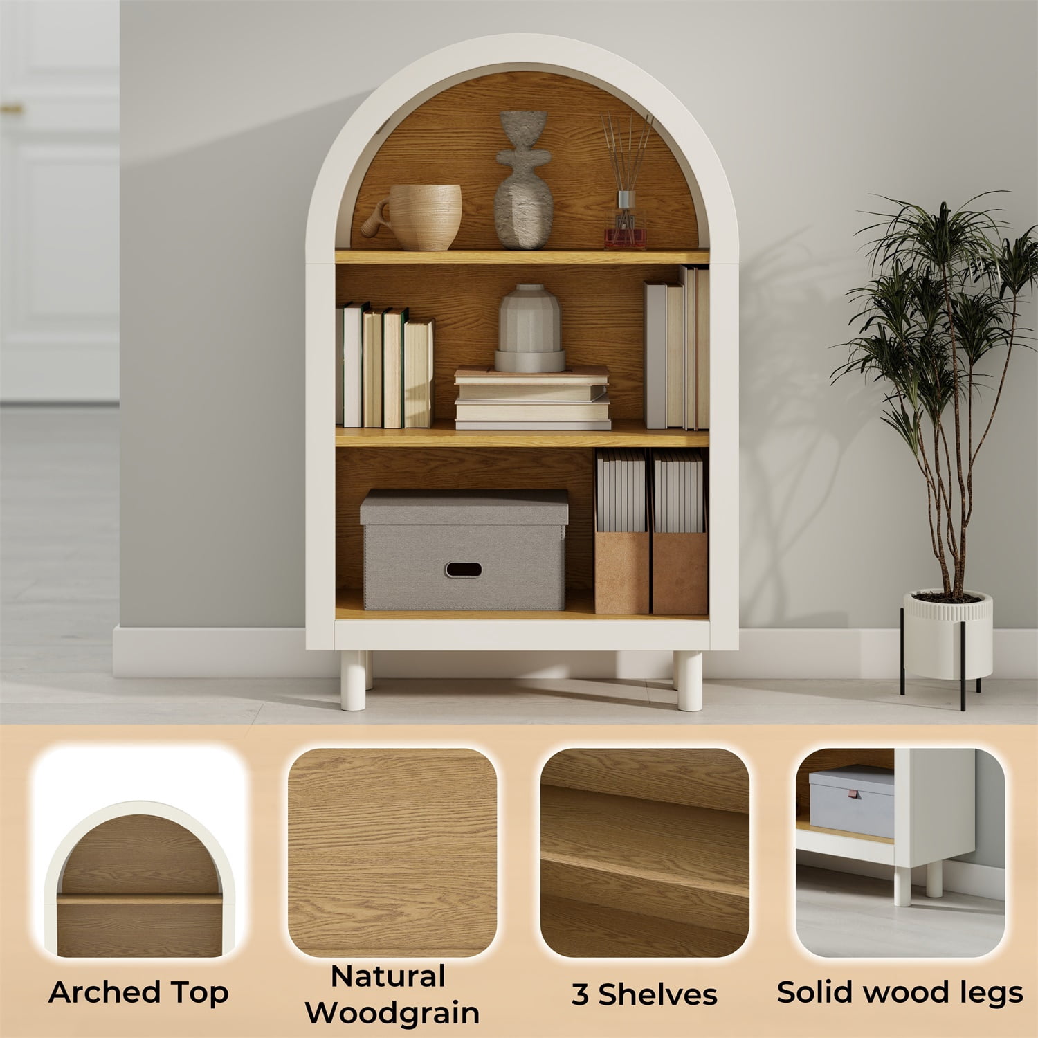 Hommoo 3-Tier Shelves Arched Bookcase Storage Cabinet,Wooden Modern 37.4"H Arched Top Bookshelf for Living Room, Bedroom, Entryway, White Oak
