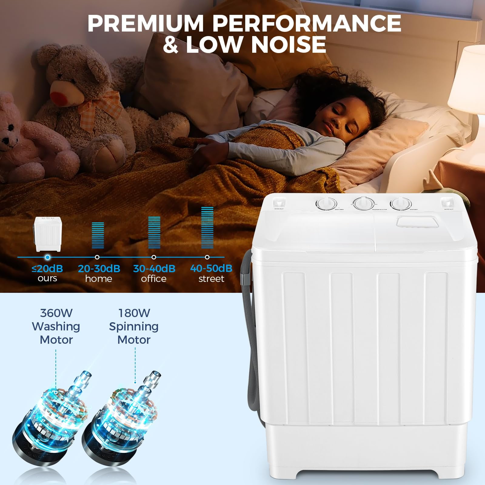 Veeboto Portable Washing Machine, 30LBS Twin Tub Mini Compact Laundry 19lbs Washer/11lbs Spinner with Drain Pump & Time Control Washer Spinner Combo, White